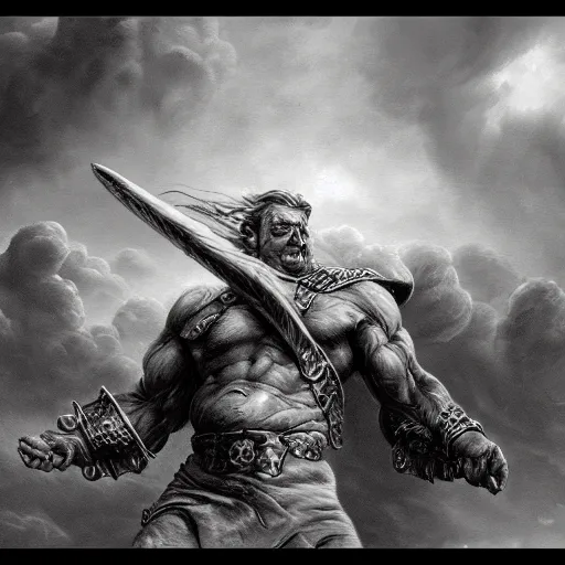Prompt: By Boris Vallejo, ultra realist 3d soft paint of Yves the small muscled dwarf fully armored during an epic scene, symmetry accurate features, very intricate details, ominous sky, black and white, volumetric light clouds, unreal artstation