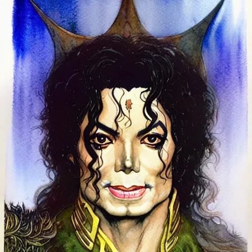 Prompt: a realistic and atmospheric watercolour fantasy character concept art portrait of michael jackson as a druidic warrior wizard looking at the camera with an intelligent gaze by rebecca guay, michael kaluta, charles vess and jean moebius giraud