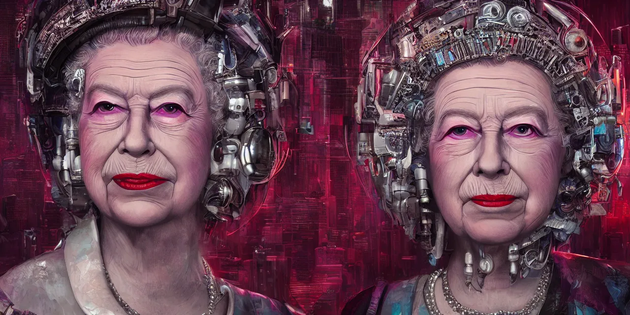 Image similar to a portrait of cyberpunk Queen Elizabeth II, hyperdetailed, artstation, accurate, octane render, surreal, 8k