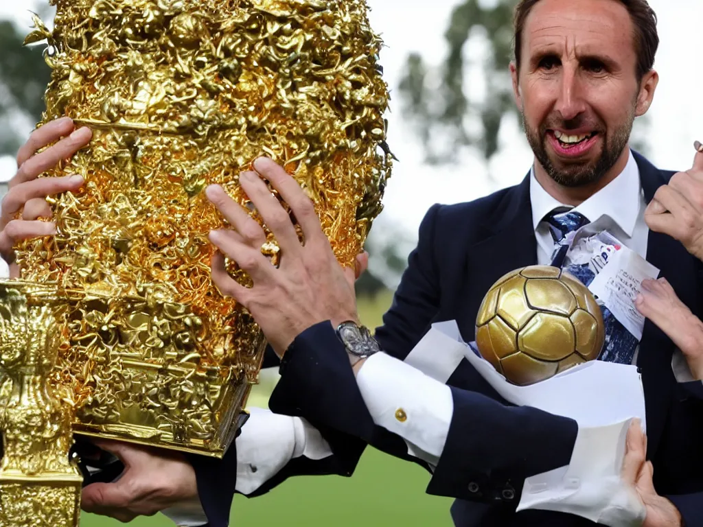 Image similar to a solemn perfect photograph of gareth southgate placing a soccer ball into an intricate gold coffin decorated with hate mail.