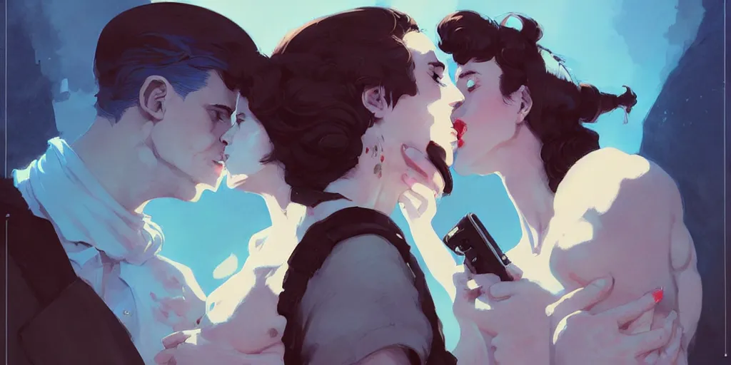 Image similar to portrait of dorian kissing elena by atey ghailan, by greg rutkowski, by greg tocchini, by james gilleard, by joe fenton, by kaethe butcher, dynamic lighting, gradient light blue, brown, blonde cream and white color scheme, grunge aesthetic