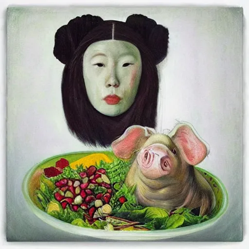 Image similar to “a portrait in an art student’s apartment, a feminine pig’s head in a large salad bowl, pomegranate, pork, ikebana white flowers, white wax, squashed berries, acrylic and spray paint and oilstick on canvas, by munch and Dali”