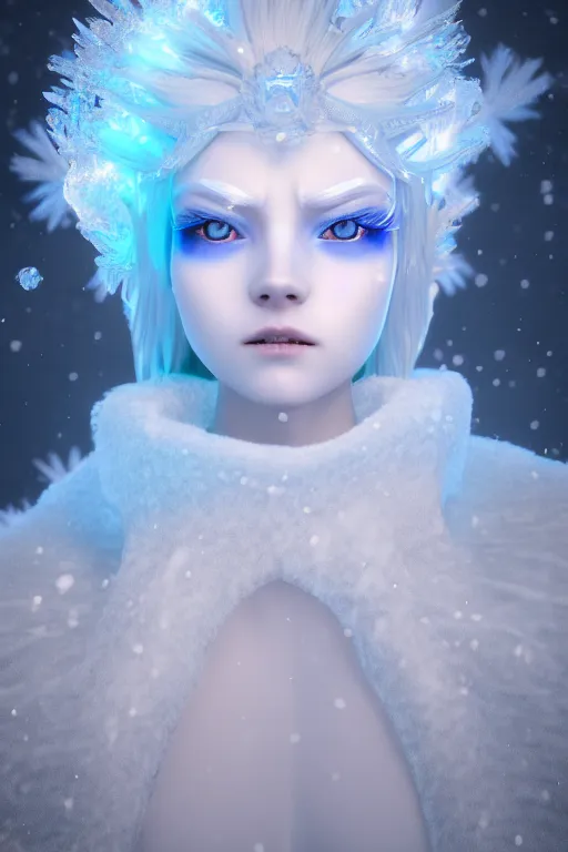 Image similar to ice goddess with beautiful face with a glowing blue crystal on her forehead, frosty white eyes, winter mist around her, white plated armor, pale skin, white smoke ， photorealism, octane render, frostbite, 8 k, cinematic, 3 5 mm, aspect ratio