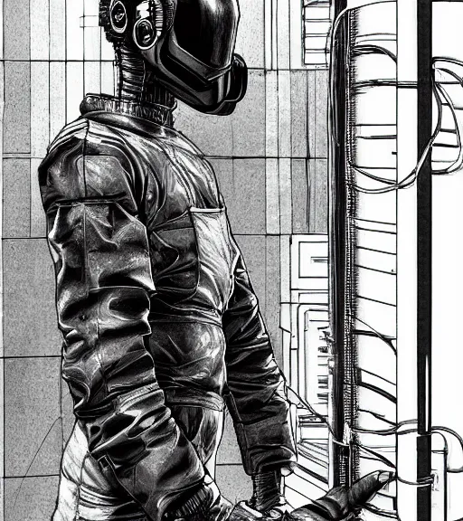 Image similar to realistic cyberpunk japanese engineer with long limbs and a black spacesuit welding a wall, techwear, dead space, visible face, Industrial Scifi, detailed illustration, character portrait, by Martin Grip and Moebius