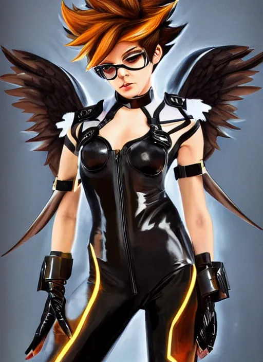 Image similar to full body artwork of tracer overwatch, wearing black latex outfit, in style of mark arian, angel wings, dramatic painting, wearing detailed leather collar, black shiny armor, chains, black harness, detailed face and eyes,