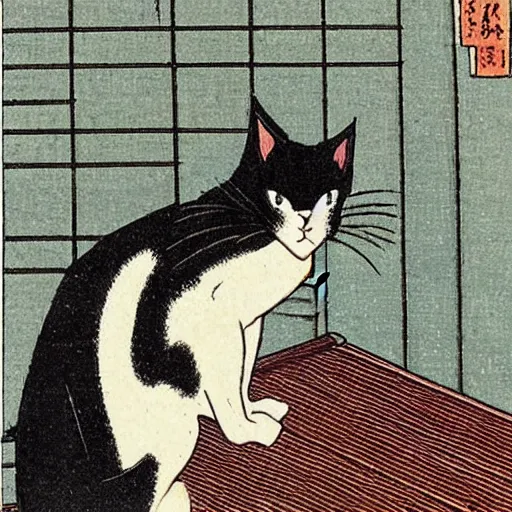 Prompt: “ a cat on a hot tin roof, by hokusai ”