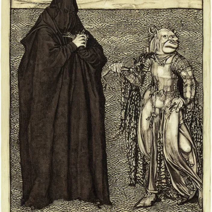 Prompt: a goblin monster and a woman in a black cloak, by Hans Holbein the Younger