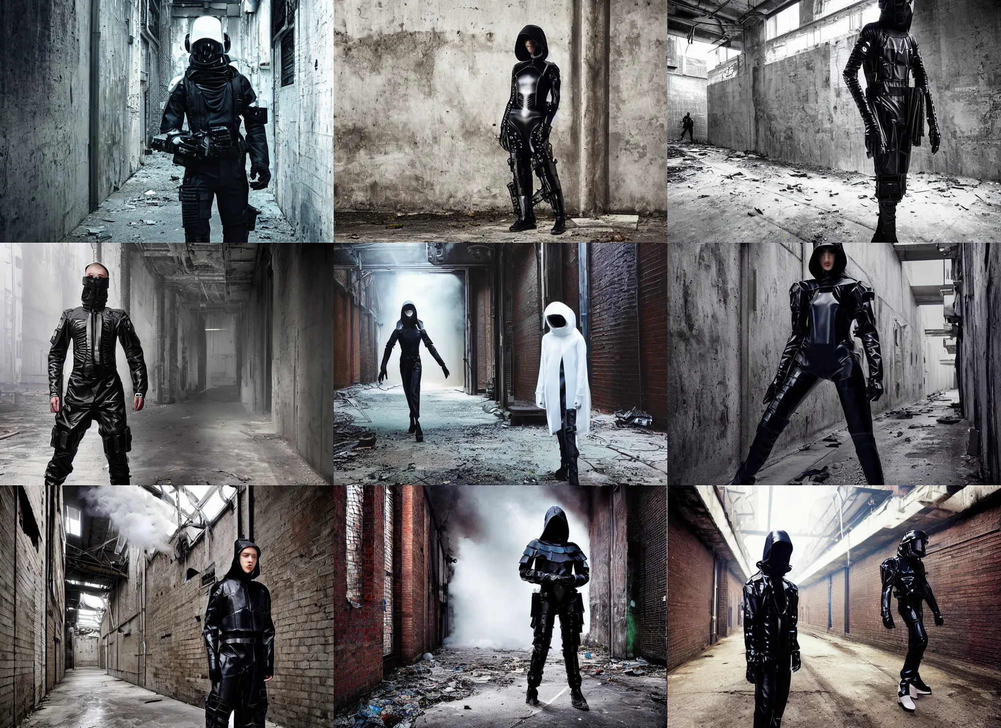 Prompt: beautiful fashion model with white sci - fi tactical gear, black leather garment, hologram sci - fi hood, full shot fashion photography, alleyway, abandoned factory, battle ready, acid smoke, by irving penn and storm thorgerson, ren heng, peter elson