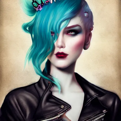 Image similar to beautiful punk ice cream birthday princess wearing a leather jacket, colored hairupdo, style of charlie bowater, hyphaea, tom bagshaw, sarah joncas, artgerm, portrait in artstation