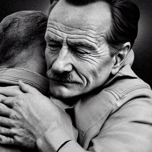 Prompt: Bryan Cranston hugging Stalin, 4k, photorealistic, hd, realistic, insanely detailed