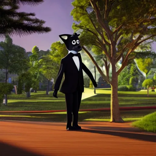 Prompt: a wolf as a gentleman wearing tuxedo on the pixar biome, smooth, intricate reflections, cinematic