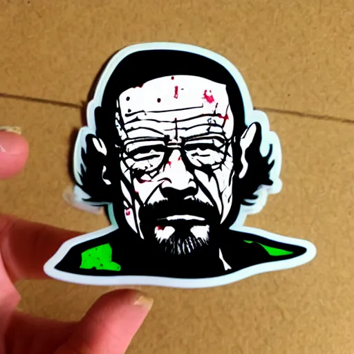 Image similar to die cut sticker, walter white wearing the joker suit, splatter paint