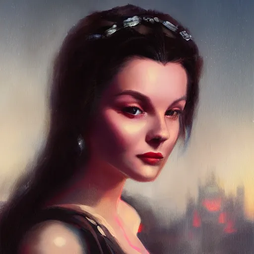 Image similar to closeup portrait of a young vivian leigh, dramatic lighting, city background, night, moon, chiaroscuro, high detail, painted by greg rutkowski, painted by igor kieryluk, painted by bobby chiu, trending on artstation