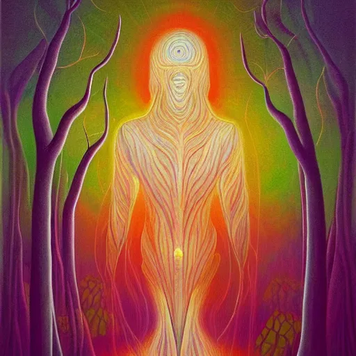 Image similar to painting of a tranquil alien looking up at sky in dense foggy forest by Alex Grey, acrylic art, ethereal, soothing, somber, elegant, warm light, cozy, glows,