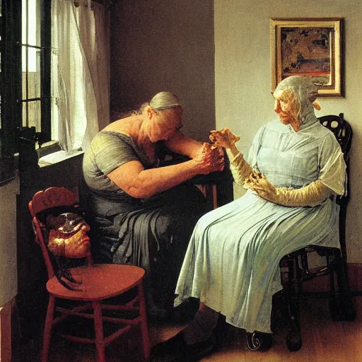 Image similar to elderly cyborg weeping desperate grandma trying to figure out how to order an online pizza sitting in her small room glaring at her lenovo thinkpad laptop t 4 1 0 8 gb ram norman rockwell leonardo da vinci giotto jamie wyeth greg rutkowski winslow homer thomas eakins lucian freud edward hopper j. m. w. turner oil painting anachronistic realism