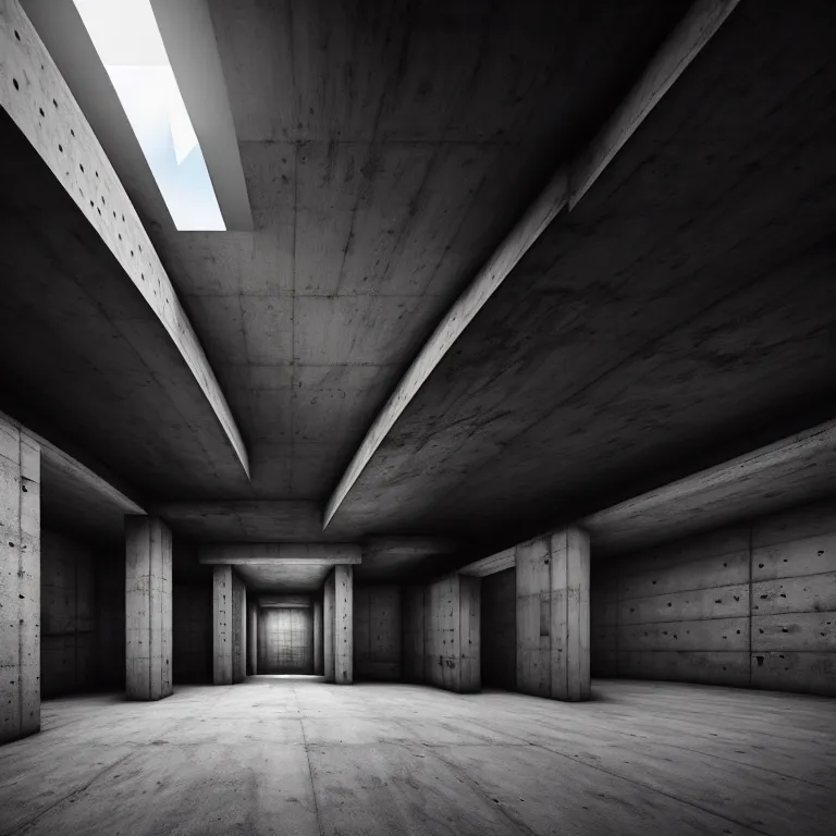 Image similar to Concrete huge dark-gray multi-layered underground structure with multiple floors and a cleft in the center. Inside view, straight lines, corners, high detailed, details, ultra realistic, photorealism, 8k, doorways, symmetrical, brutalism, ray of light, architecture, volumetric lighting, cinematic, shadows