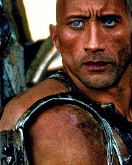 Image similar to film still close up shot of dwayne johnson as max rockatansky in the movie mad max 2 the road warrior. photographic, photography