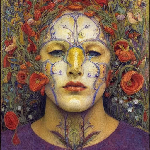 Prompt: masterpiece painting of a facemask made of flowers, by annie swynnerton and jean delville and tino rodriguez, flower mask, symbolist, dramatic lighting, god rays, elaborate geometric ornament, art brut, soft cool colors, smooth, sharp focus, extremely detailed, adolf wolfli