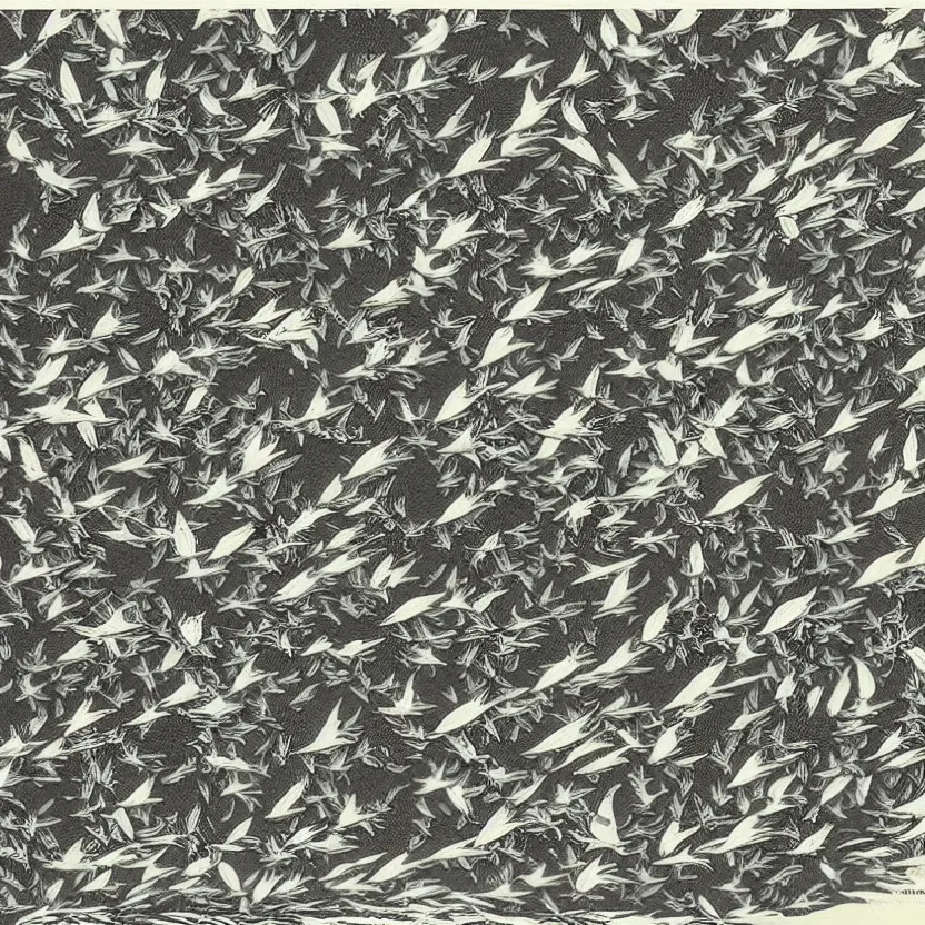 Image similar to MC Escher lithograph 3 color print of starlings and insects, murmur,
