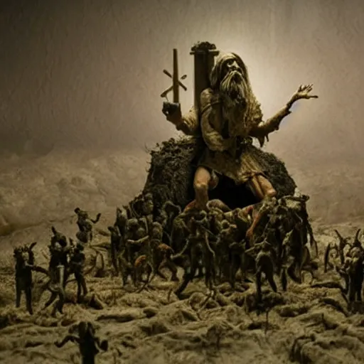 Image similar to the bible apocalypse, extremely detailed claymation art, extremely realistic, dark, moody, foggy