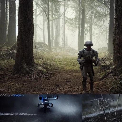 Image similar to drone footage of soldier and arachnoid from starship troopers movie on the old road in the forest lomography photo, playstation 5 screenshot, fine details, rain, rtx reflections, fog, night, photorealistic, unreal engine, octane render, volumetric light, featured on cg society, 4 k, 5 0 mm bokeh