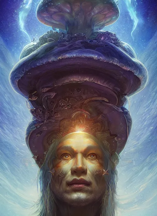 Image similar to enormous mushroom deity of the stars resides inside void manifold, portrait by ross tran, timeline nexus, ascending universes, a dnd illustration of esoteric concept by cgsociety and james gurney, artstation, hdr, rtx