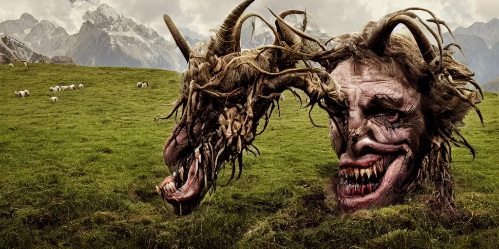 Image similar to historical sharp 4 k photograph of a man turning into a grotesque monster with goathorns and roots growing from his face in a pasture in the alps