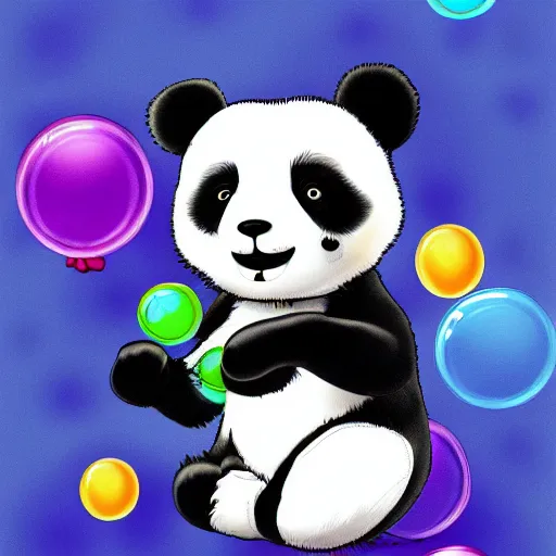 Prompt: Cute little panda looking at bubbles blue background digital art trending on artstation ink drawing detailed painting