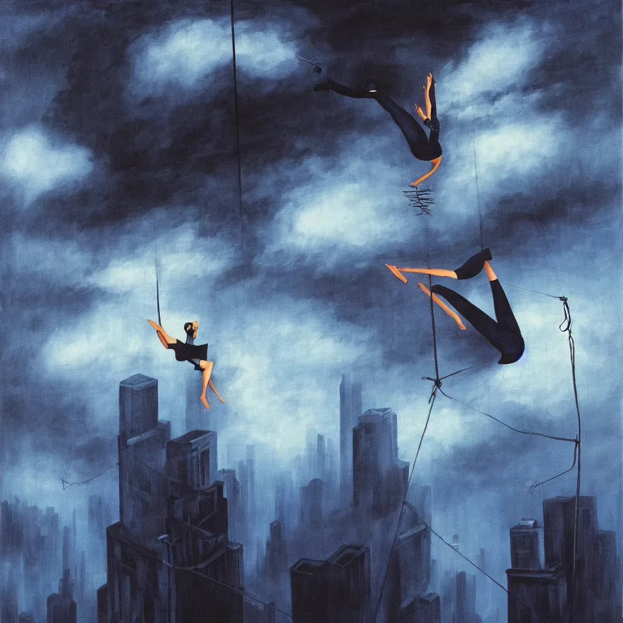 Prompt: surrealist artwork of a downward view of a tightrope artist accidentally falling down into a city full crazy skyscrapers surrounded by dark thundering clouds. black, dark blue and indigo colour scheme.