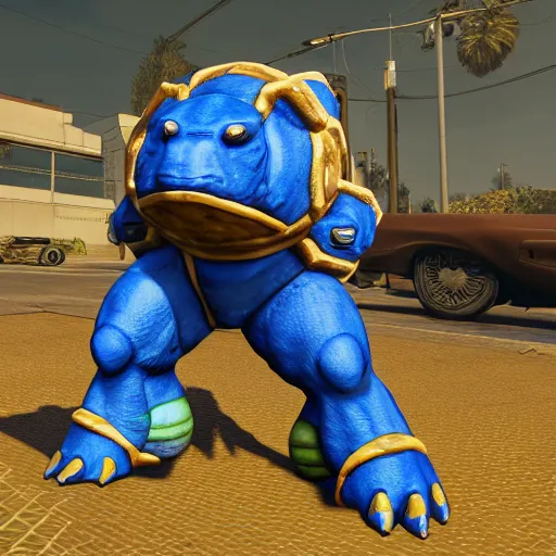 Image similar to Blastoise in the GTA 5 cover, highly detailed award-winning masterpiece with incredible and beautiful details, trending on ArtStation