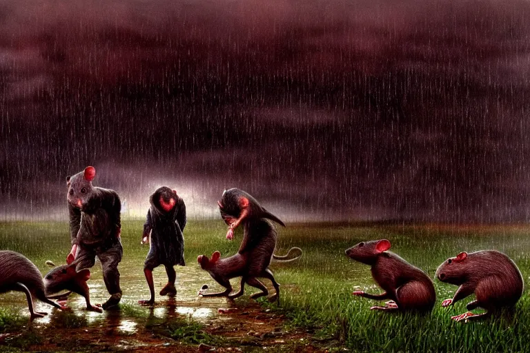 Image similar to a family of rats scurrying across a drenched field in a torrential rainstorm, in the style of andrei tarkovsky, intricate and epic composition, red by caravaggio, insanely quality, highly detailed, masterpiece, purple light, artstation, 4 k