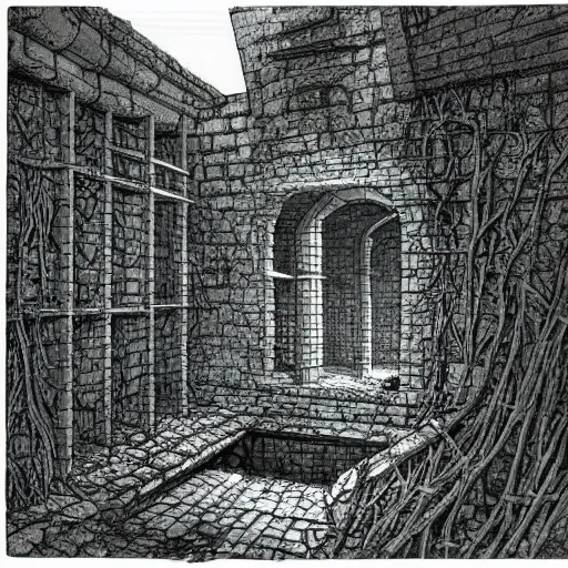 Prompt: pillbox paragonpunk fortress half-sunk in a noxious Swamp, by Colleen Doran and by Angus McBride and by Ted Nasmith, low angle dimetric rendering, centered, 3-point perspective