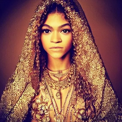 Image similar to “Zendaya, beautiful, Beyonce in the form of the Virgin Mary, highly detailed, photorealistic”