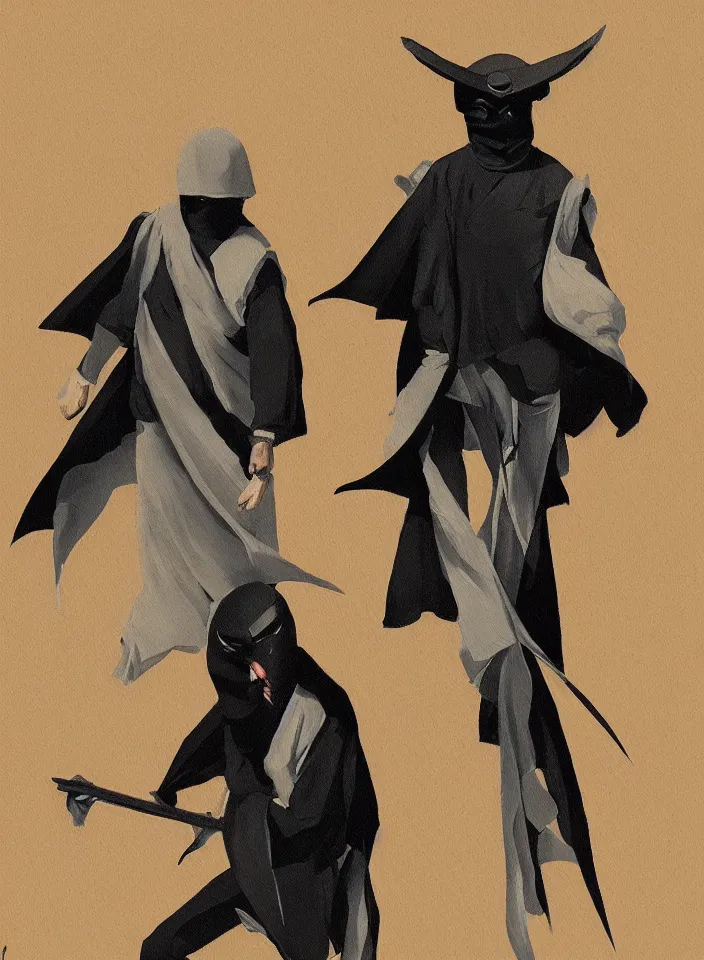 Image similar to sfumato renaissance oil painting of a ninja shaman, modern minimal isei miyake outfit, in the style of syd mead, jeremy cowart, concept art