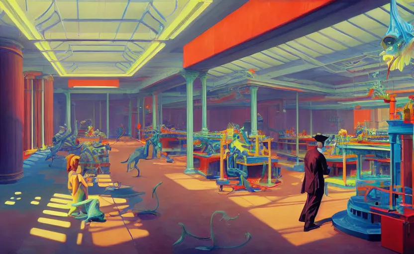 Image similar to Inside a toy factory, very coherent, Houdini algorithm generative art, painted by Edward Hopper, Wayne Barlowe, painted by James Gilleard, airbrush, art by James Jean