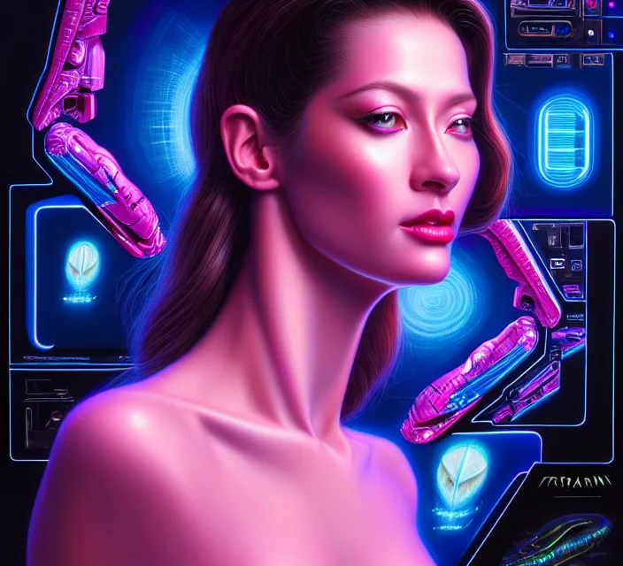 Image similar to beauty woman in holograms of alien artifacts, electrical case display, total recall tech, , ultrarealistic, dramatic lighting, electrical details, high details, 4k, 8k, best, accurate, trending on artstation, artstation, photorealism, ultrarealistic, digital painting, style of Tristan Eaton Stanley Artgerm and Hajime Sorayama, Caravaggio, Boris Vallejo