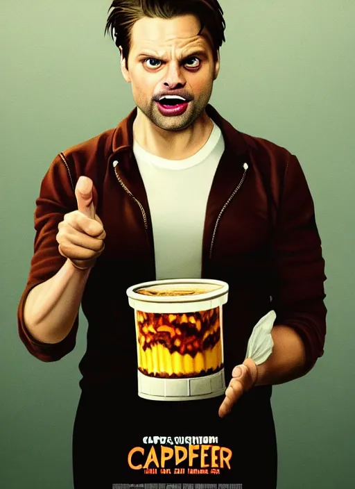 Image similar to highly detailed comedy caper movie poster with flan pudding faced sebastian stan as a sentient flan pudding, sebastian stan face made from flan pudding by greg rutkowski, masterpiece, 1 0 / 1 0