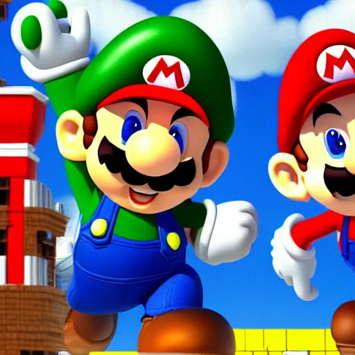 Prompt: mario and luigi with giant heads and tiny bodies