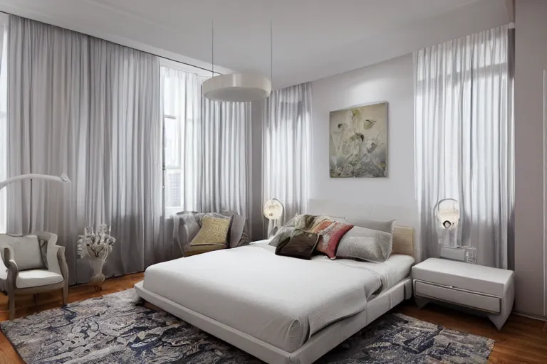 Prompt: A sunny bedroom, exquisite decoration, all New York Apartments style furniture, high tech