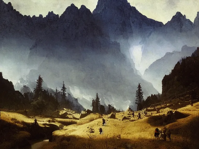 Image similar to an oil painting of an alpine river and a distaint mountain on a beautiful morning by beksinski carl spitzweg and tuomas korpi. baroque elements, full-length view. baroque element. intricate artwork by caravaggio. Trending on artstation. 8k