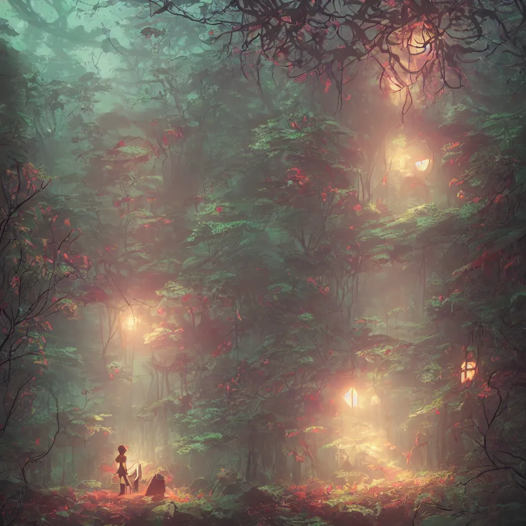 Prompt: the house in the forest, dark night, leaves in the air, fluorescent mushrooms, animals, gibli, atey ghailan, lois van baarle, jesper ejsing, ernst haeckel, pop art patterns, exquisite lighting, clear focus, very coherent, very detailed, contrast, vibrant, digital painting