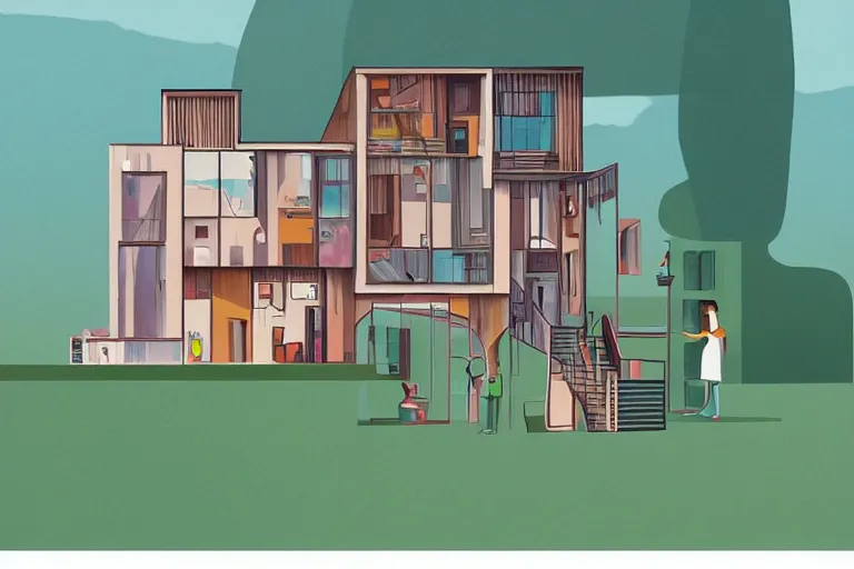 Image similar to a beautiful flat 2 dimensional illustration of a cross section of a house, view from the side, a storybook illustration by muti, colorful, minimalism, featured on dribble, behance hd, dynamic composition