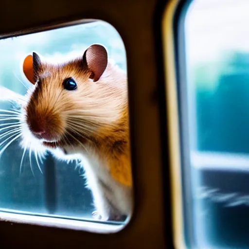 Image similar to photo of a hamster inside a train, looking out of a train window, various poses, unedited, soft light, sharp focus, 8 k