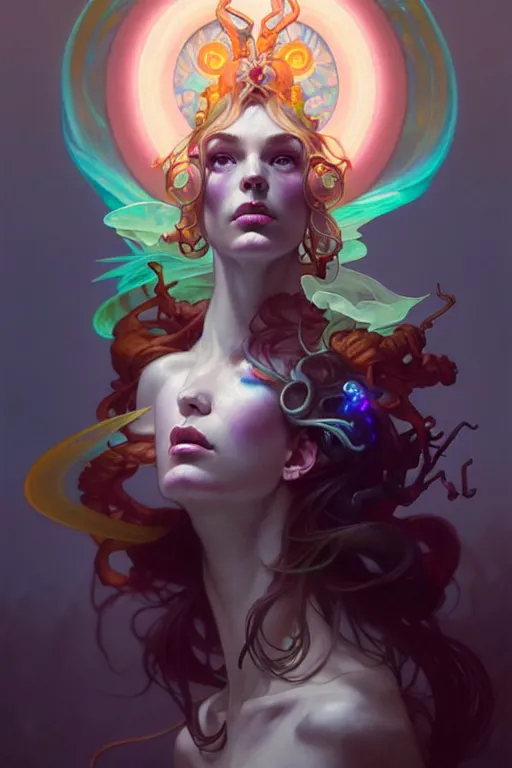 Image similar to portrait, bioluminescent druid, elegant baroque, asymmetrical art, hyperrealism, colorful, vivid, imposing, epic, digital painting, artstation, concept art, by peter mohrbacher and wlop and rhads and artgerm and magali villeneuve and alphonse mucha