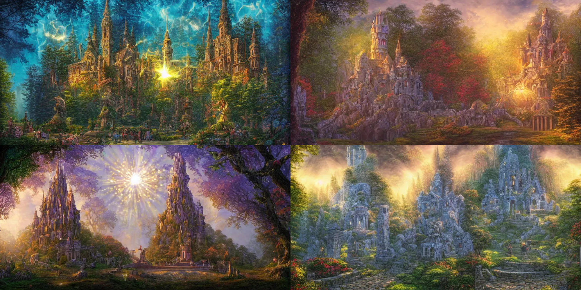 Prompt: monumental castle in a magical forest with tall trees and statues of ancient goddesses, heroes of might and magic 3, whimsical, fairy tale, hyper realistic, volumetric lighting, sunshafts, dan mumford, thomas kinkade