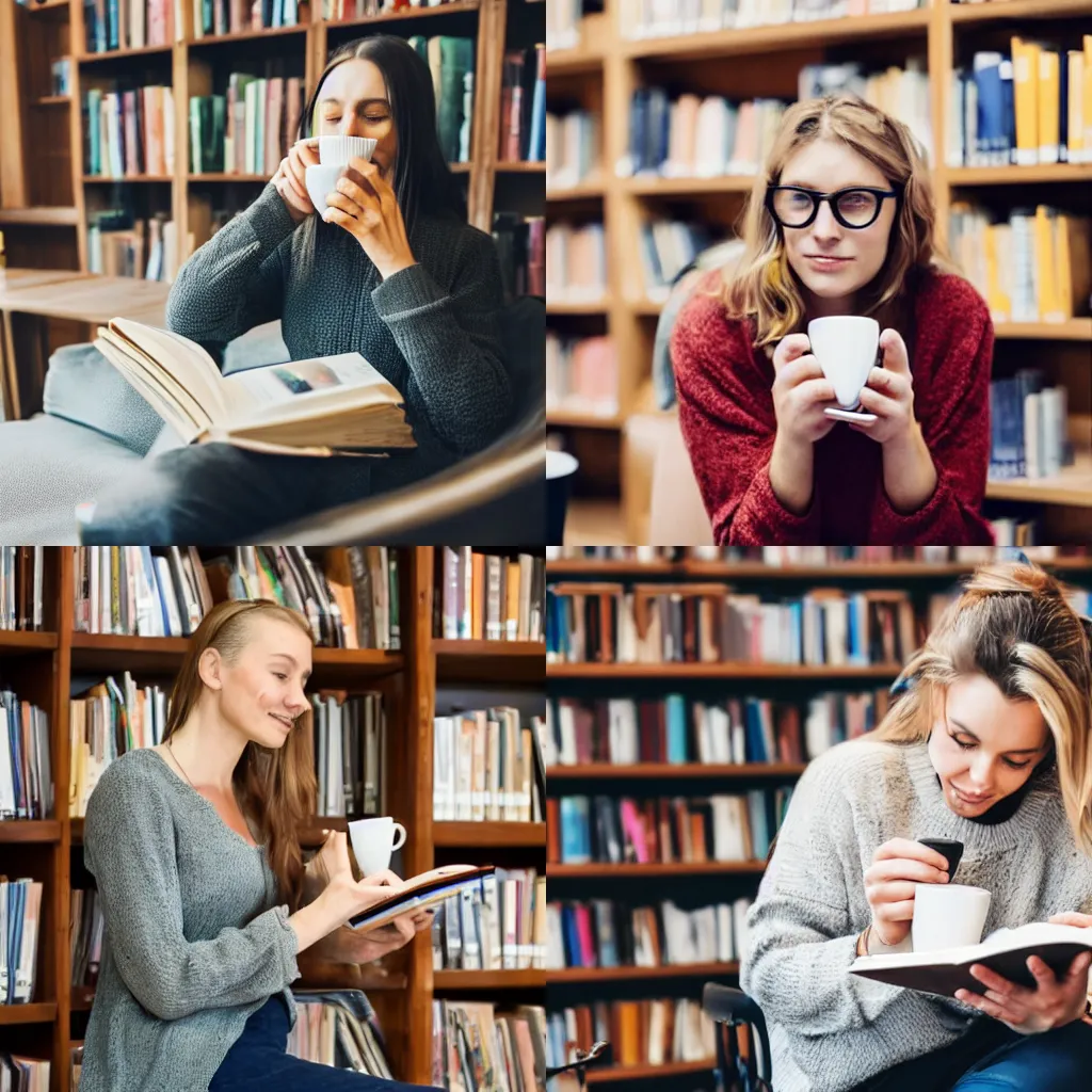Prompt: a gargolyte drinking coffee while reading a book in a library