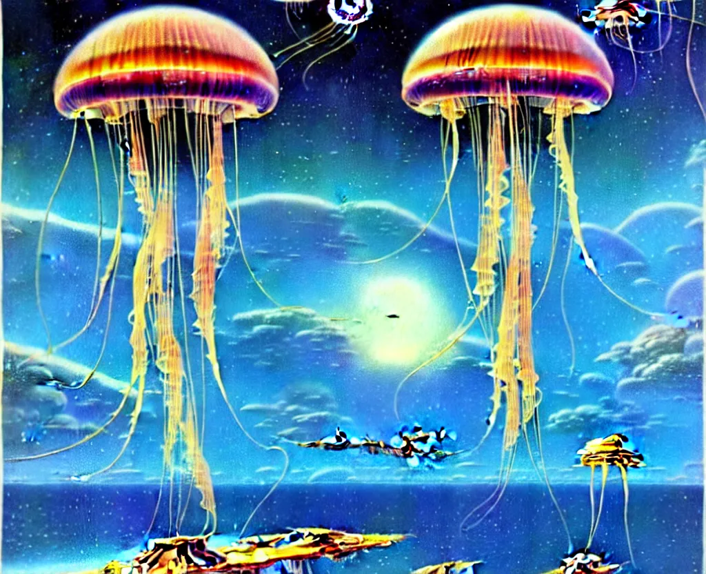 Image similar to jellyfish spaceship by bruce pennington, 1 9 7 0 s sci - fi illustration, detailed hi - res scan from an old book