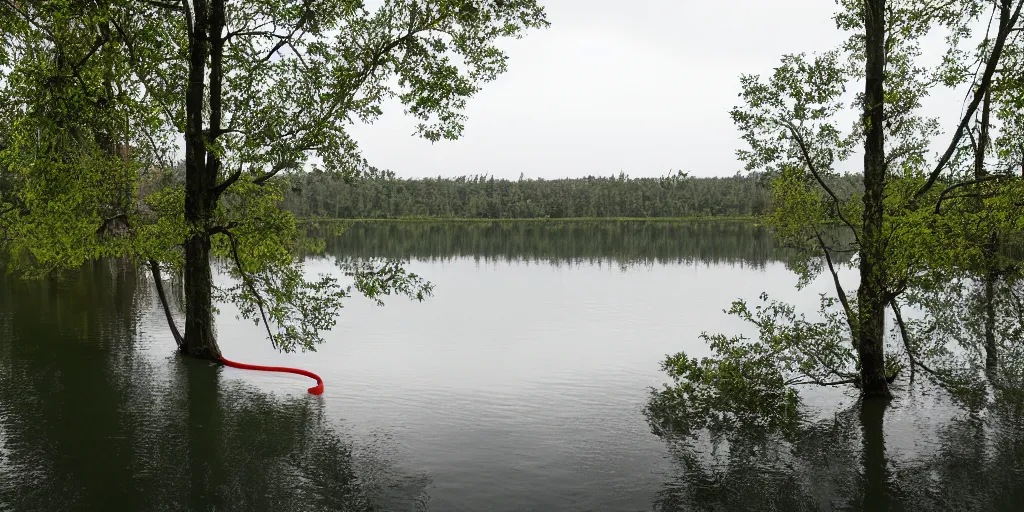 Prompt: color photograph of a very long rope on the surface of the water, the rope is snaking from the foreground stretching out towards the center of the lake, a dark lake on a cloudy day, trees in the background, anamorphic lens