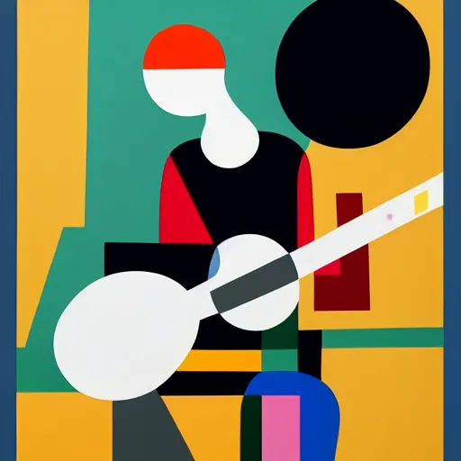 Prompt: portrait of a person playing guitar, abstract painting in the style of Sophie Taeuber-Arp and Gary Hume and Tatsuro Kiuchi, flat colour-block style, geometric abstraction, dark colours