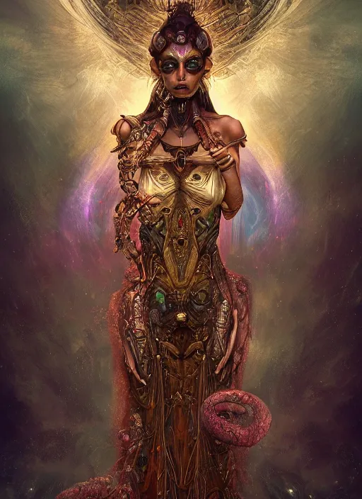 Prompt: epic portrait of menacing and agitated yet stunningly beautiful biomechanical djinn priestess of creation overseeing the iridescent fabric of the universe, by charlie bowater, mandy jurgens, gustav klimt, octane render, dramatic camera angle, 4k, 8k, high detail, HDR, by tom bagshaw, powerful, with inspiration from Beksinski, inspired by greek goddess Athena